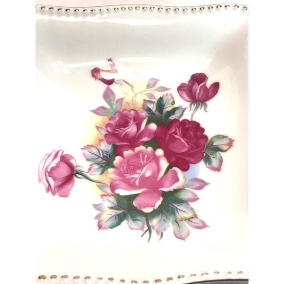 Vintage 8.5” square bowl, pink roses floral design, golden gilt trim, made in Ja - Picture 4 of 7